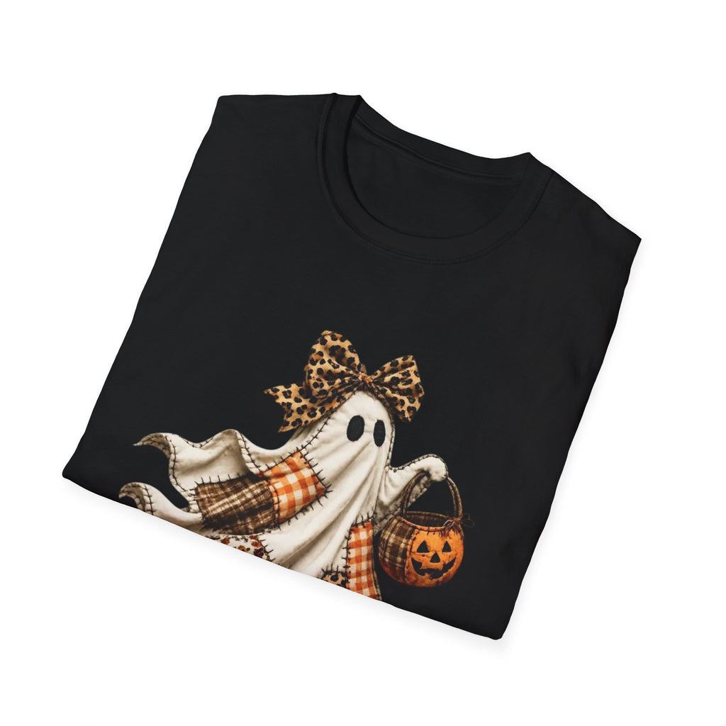 Halloween Ghost Tee — Plaid Bow & Pumpkin Candy Bag ("Fallin' for Cozy")