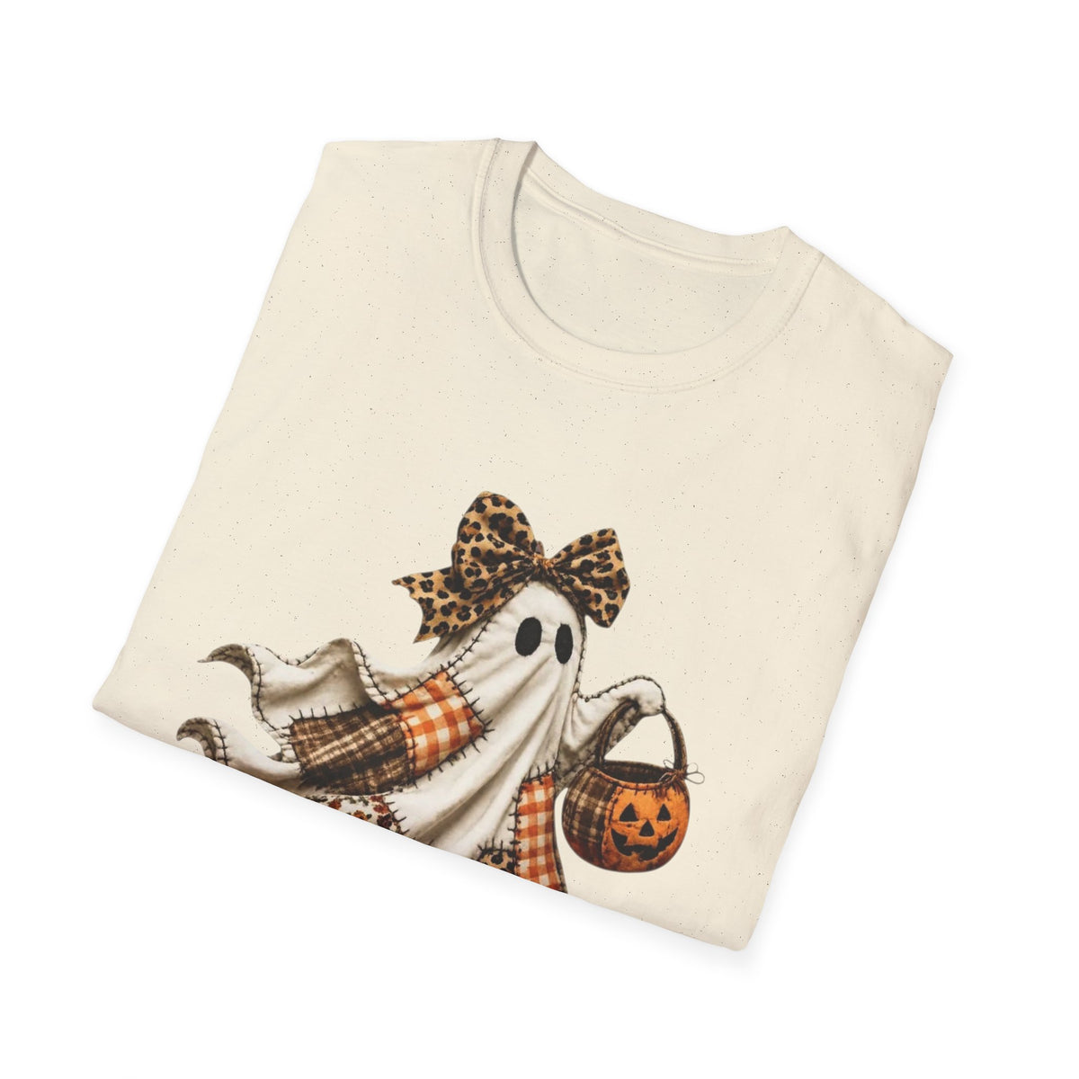Halloween Ghost Tee — Plaid Bow & Pumpkin Candy Bag ("Fallin' for Cozy")