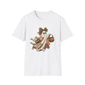 Halloween Ghost Tee — Plaid Bow & Pumpkin Candy Bag ("Fallin' for Cozy")