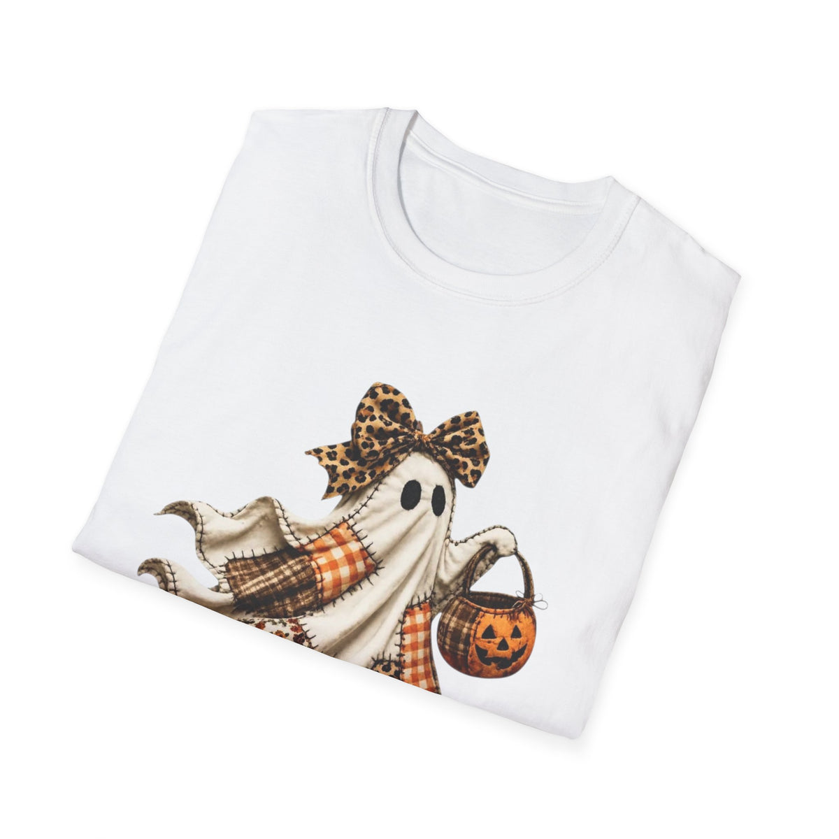 Halloween Ghost Tee — Plaid Bow & Pumpkin Candy Bag ("Fallin' for Cozy")